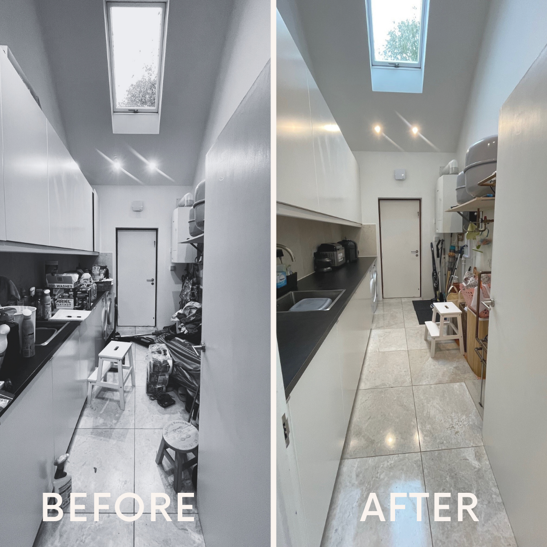 2 images side by side of the same utility room. The image on the left is grey and shows a messy room. The image on the right is in colour and shows it all clean and tidy