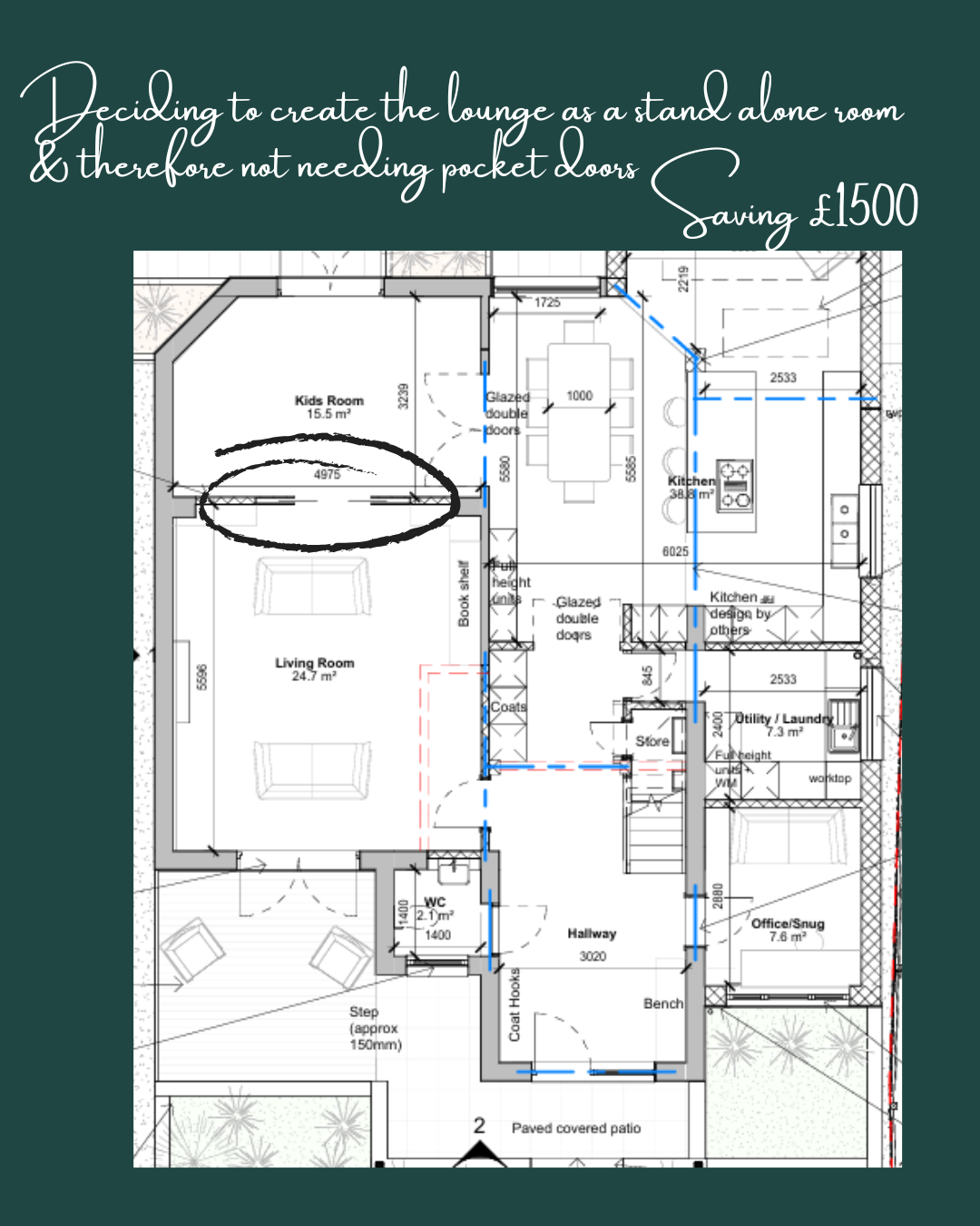 A floorplan of a family home that is going to have an extension. There is a circle around a set of pocket doors inbetween a lounge and kids room.