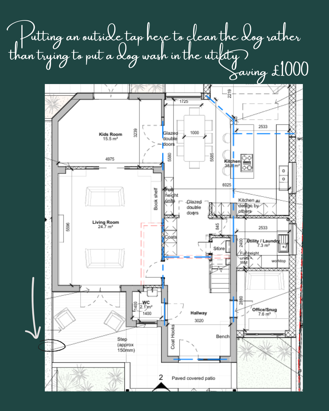 A floorplan of a family home that is going to have an extension. There is a circle around a part of the outside wall to the front of the house