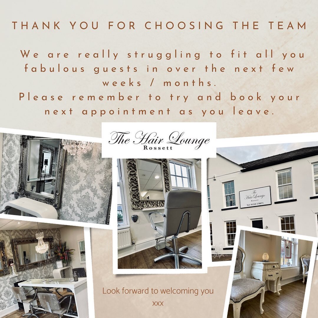 THANK YOU FOR CHOOSING THE TEAM

 We are really struggling to fit all you fabulous guests in over the next few weeks / months.  Please remember to try and book your next appointment as you leave, so we can make sure we try our best to get you in.

Lo