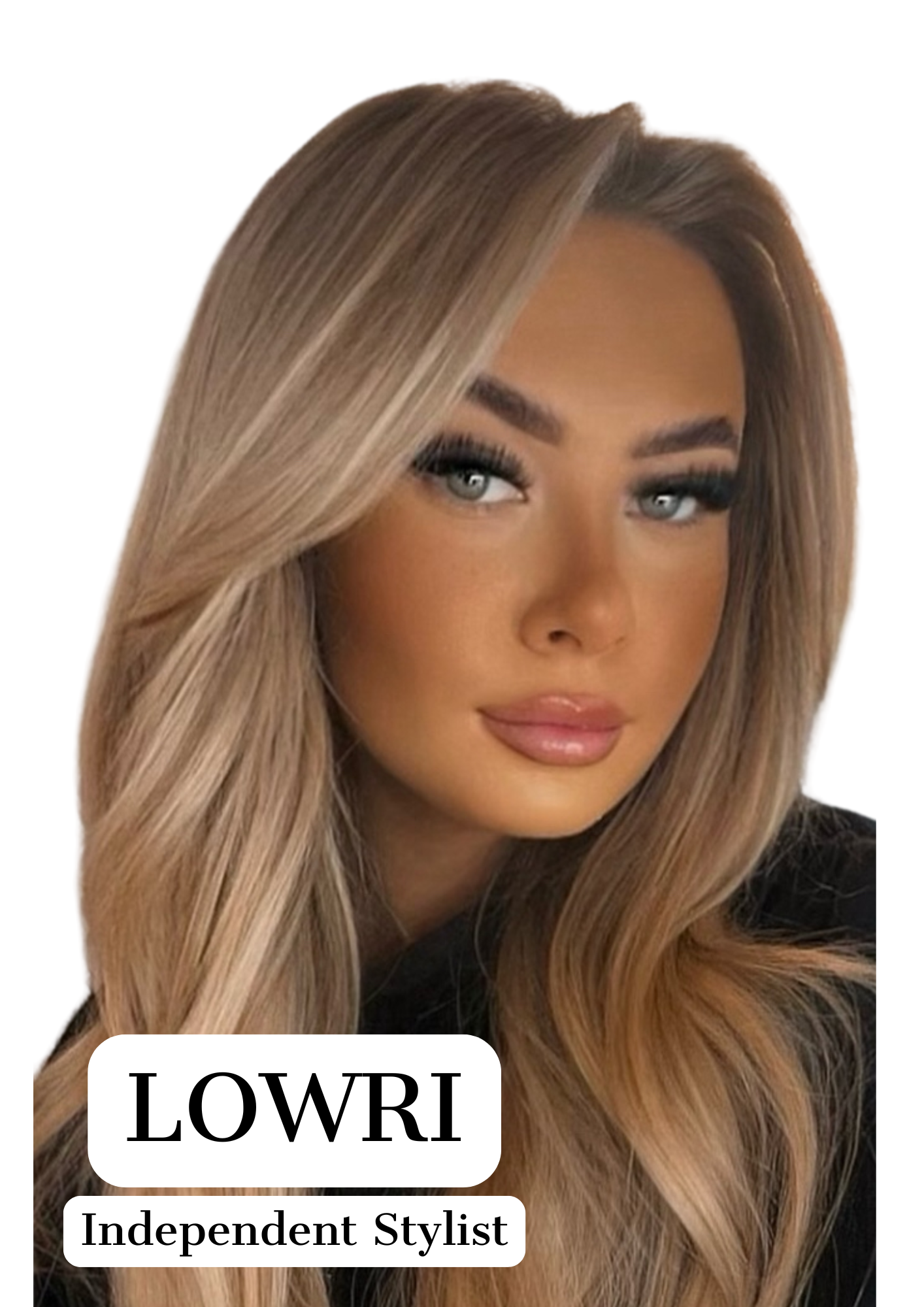 Woman with long blonde hair styling another person's hair, both wearing black.