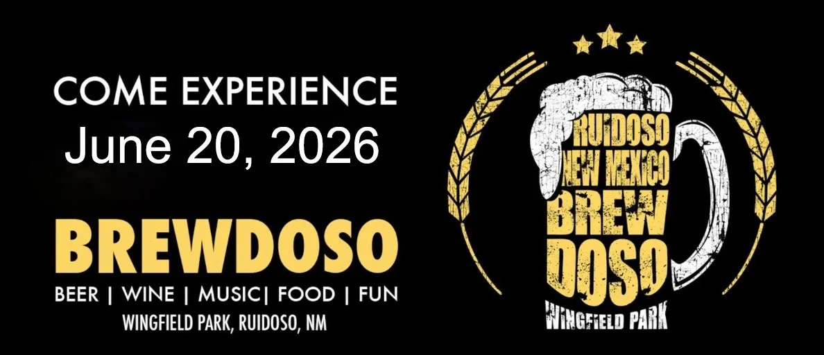 Branded promotional event graphic for Brewdoso 2026 on June 20 at Wingfield Park in Ruidoso, NM