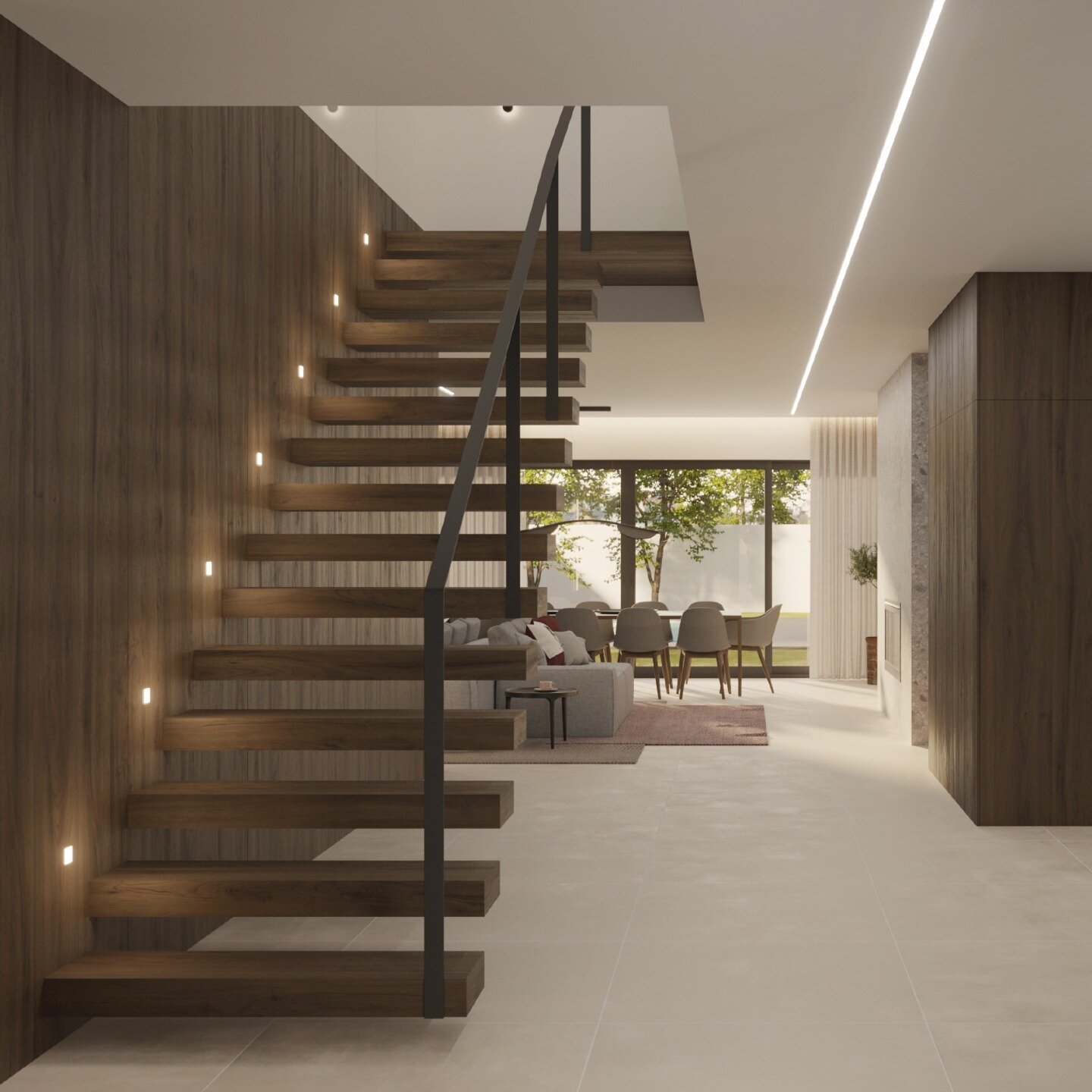 Uma escadaria moderna e elegante pode ser o destaque de uma casa contempor&acirc;nea. Com materiais sofisticados e um design minimal, a escadaria pode se tornar um elemento central da decora&ccedil;&atilde;o. #arkhastudio #thenewperspective #designde