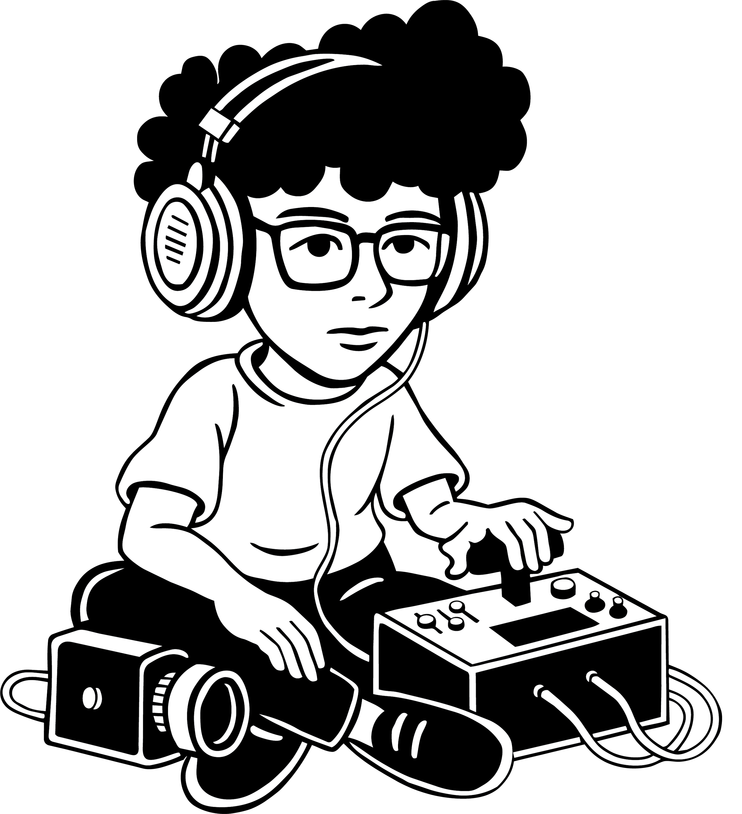Black and white illustration of a person with glasses and curly hair wearing headphones, operating DJ equipment with a camera beside them. Text says 'ANALOG CHILD'.