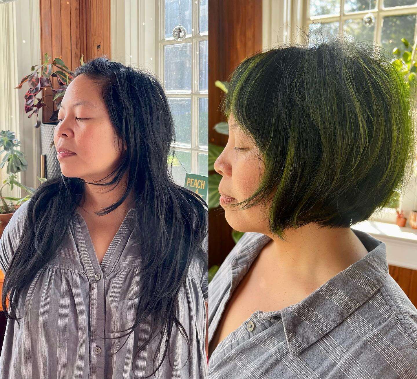 Happy St Patrick&rsquo;s Day, lucky clovers 🍀 @lovemorehair &amp; @katie.c.artistry collaborated on this green goddess to create the most ethereal color and shape combo. We live a good transformation🍀🫶🏼