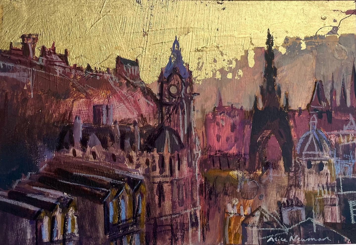 Edinburgh at sunrise 🌞
⠀⠀⠀⠀⠀⠀⠀⠀⠀
I can&rsquo;t resist shiny things, and I am loving the gold leaf in these two 🧡 
Both pieces have recently sold at my exhibition in Anthropologie on George street, Edinburgh. Heading in today for a rehang 👍 let me 