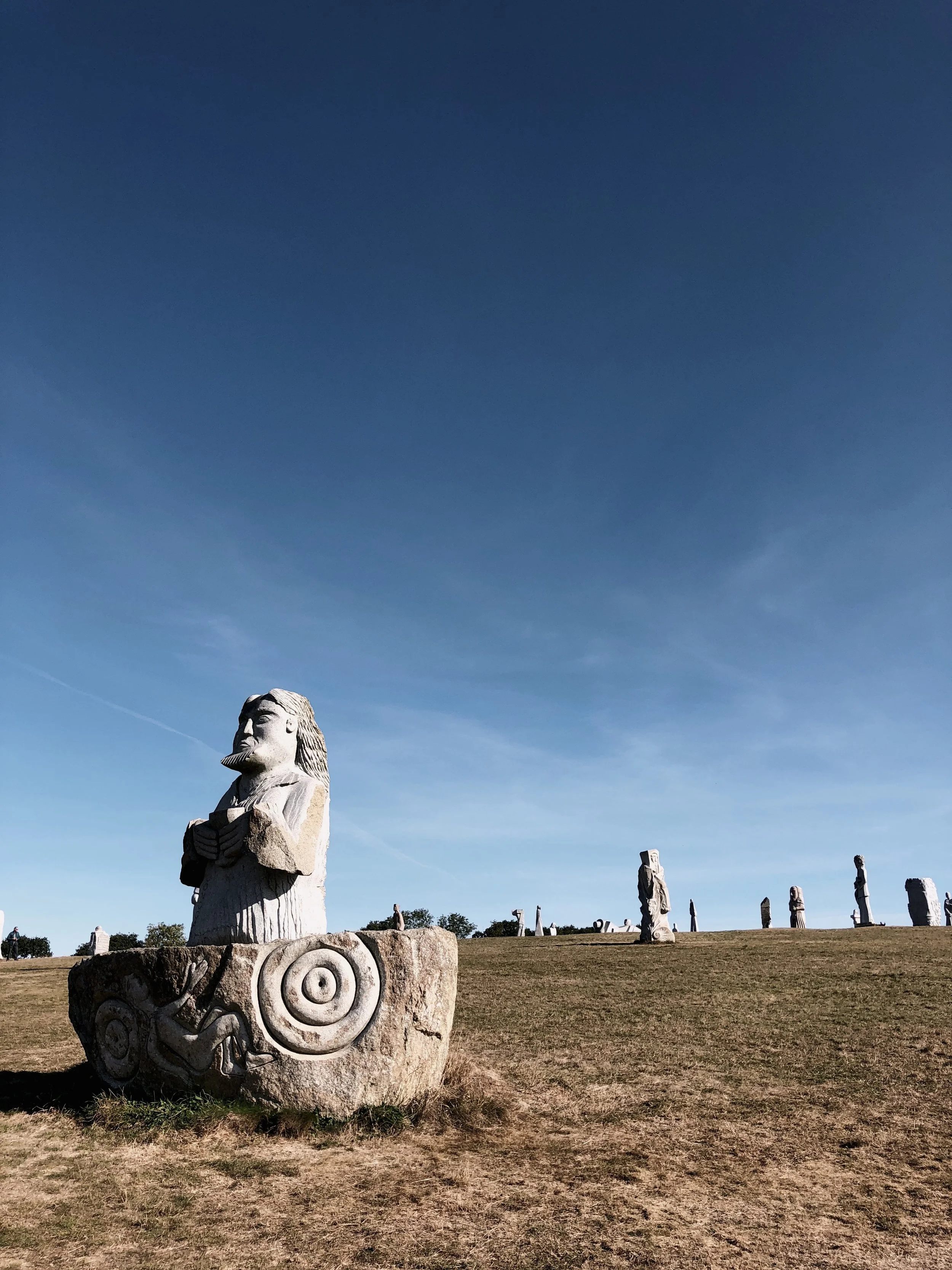 Stone statue depicting a man with a beard, dressed as an ancient chief or warrior, on the back of a structure carved with circular motifs, in a field with several other statues in the background under a clear sky.