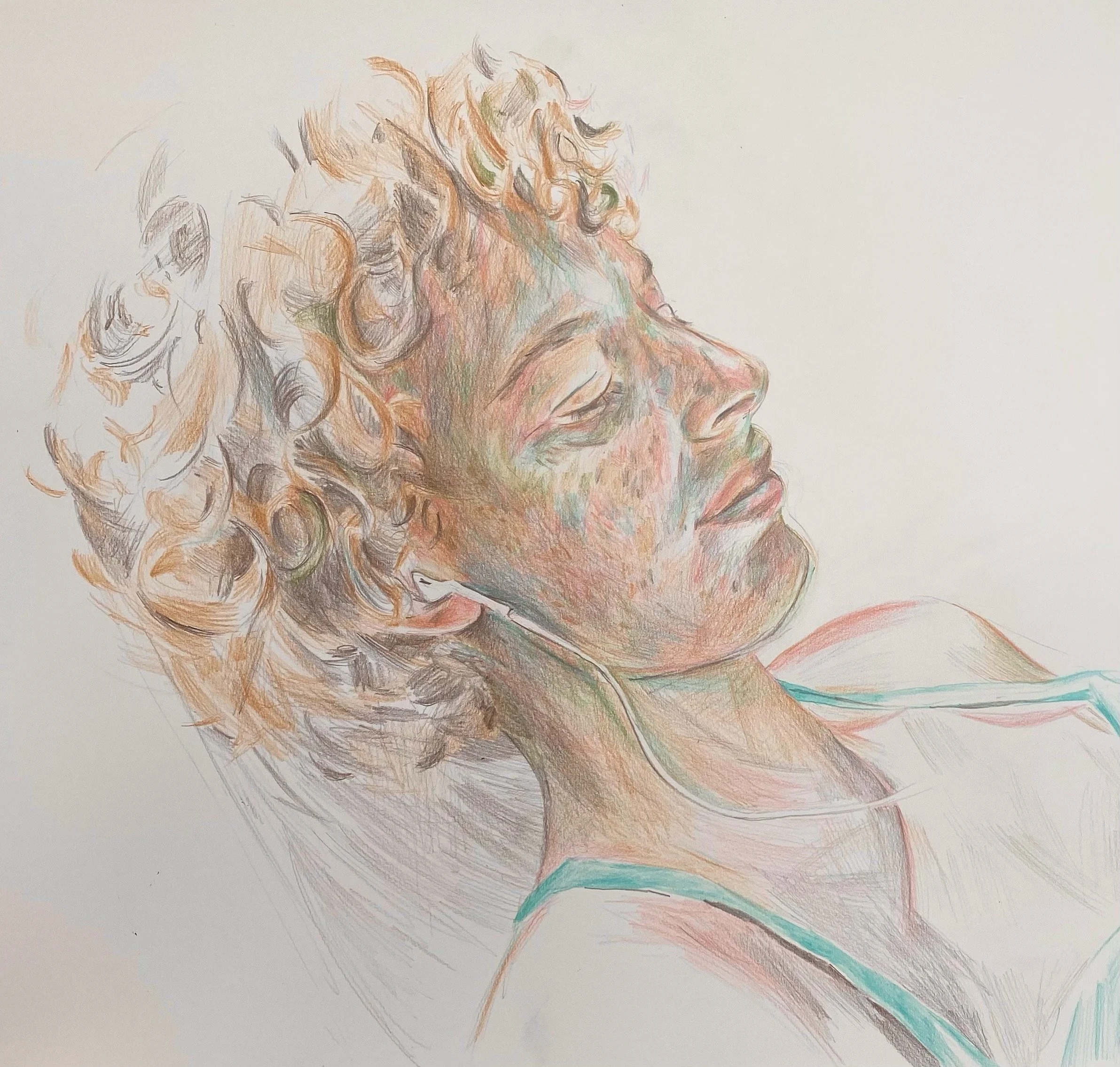 Kate daydreaming, 60 x 40cm, coloured pencil on paper, 2025