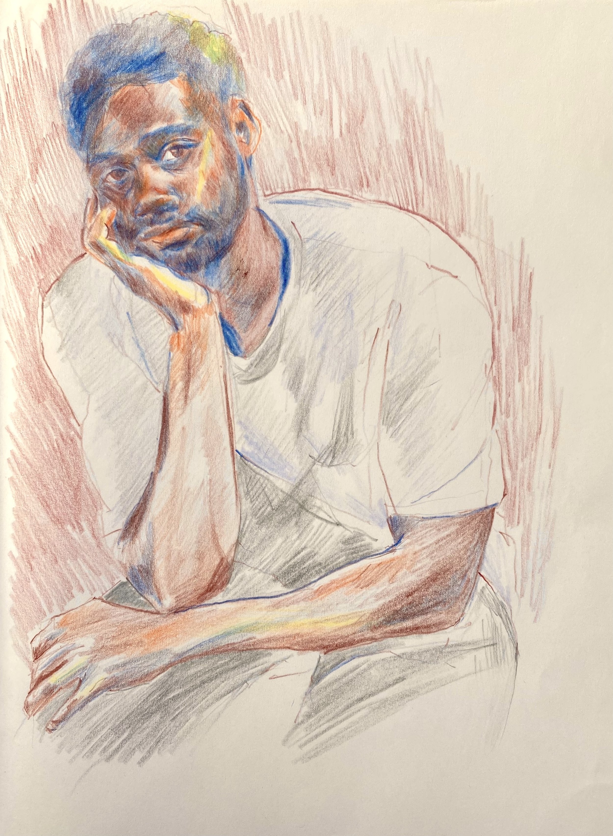 Drawing of an unknown sitter, 19 x 25cm, coloured pencil, 2025