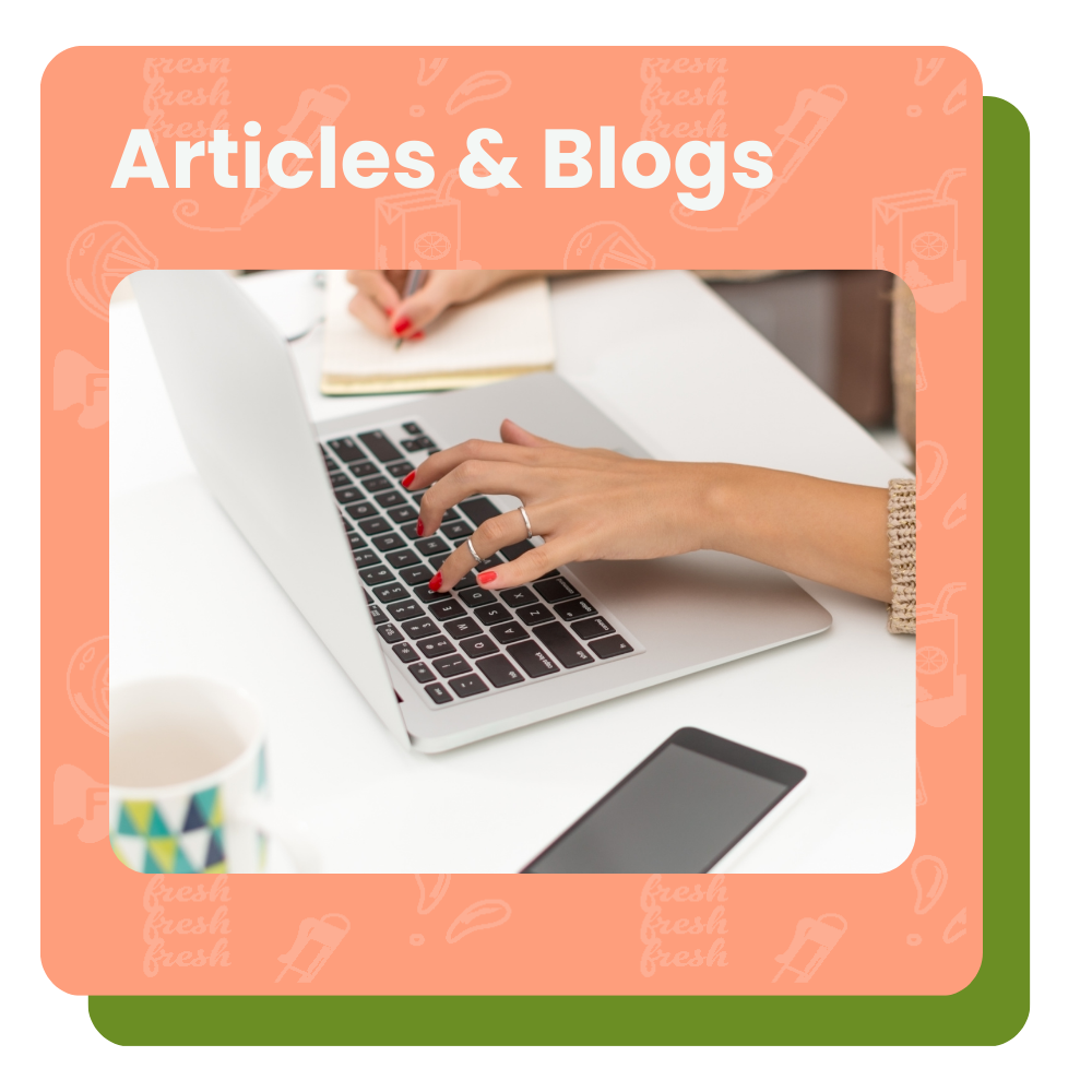 Person typing on a laptop with "Articles & Blogs" text above, smartphone and mug on the desk.
