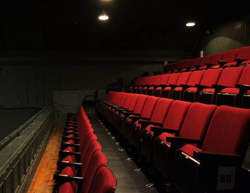 An empty theatre with rows of red seats.