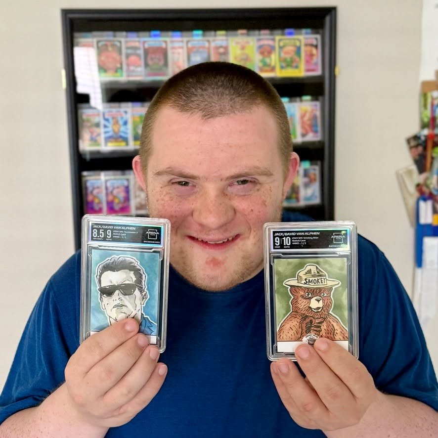 We just got back a HUGE box back from our friend @arenaclublee at @arenaclub! Included is our FIRST ever officially graded sketch cards from @saturdaymorningcards featuring @smokeybear and #terminator2. Jack and I had an awesome time making them and 