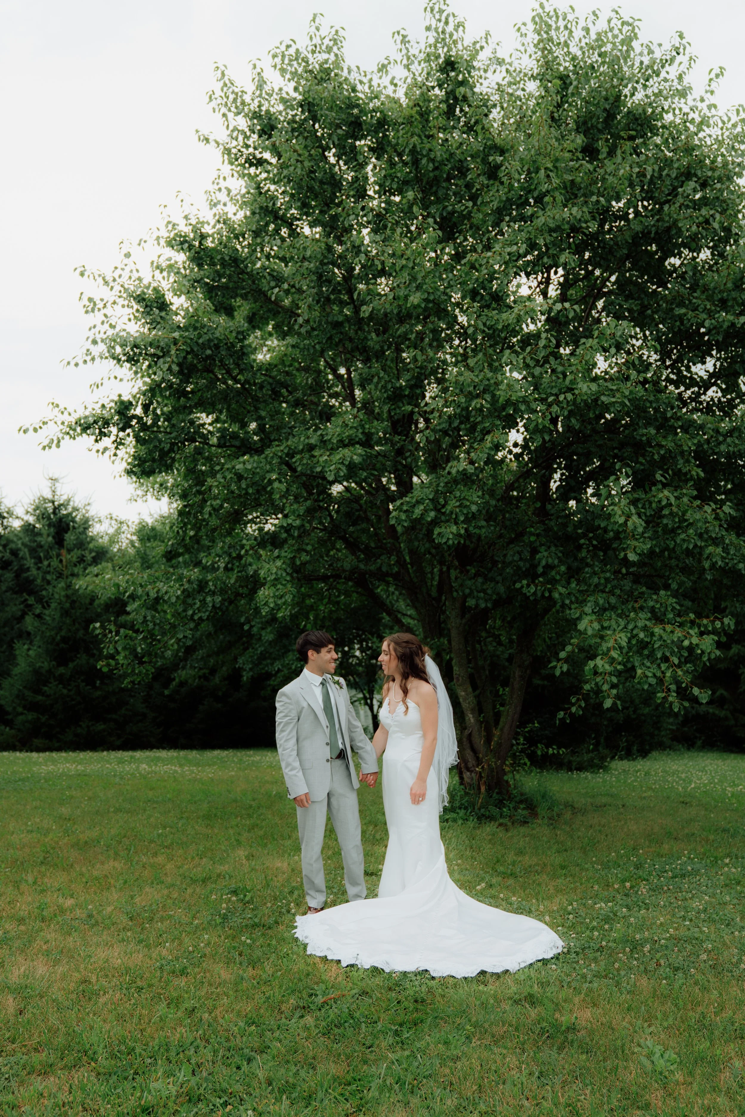 A bride and groom holding hands outdoors under a large tree with green leaves, the bride wearing a white wedding dress and veil, the groom in a light gray suit, in a grassy area on a cloudy day.
