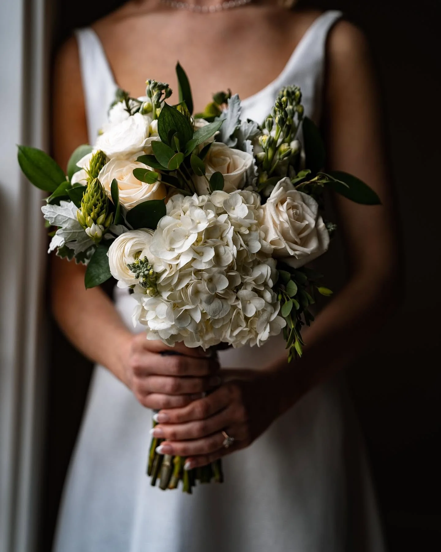A bride holding a bouquet of white flowers including roses, hydrangeas, and greenery, wearing a white dress, with hands clasped.