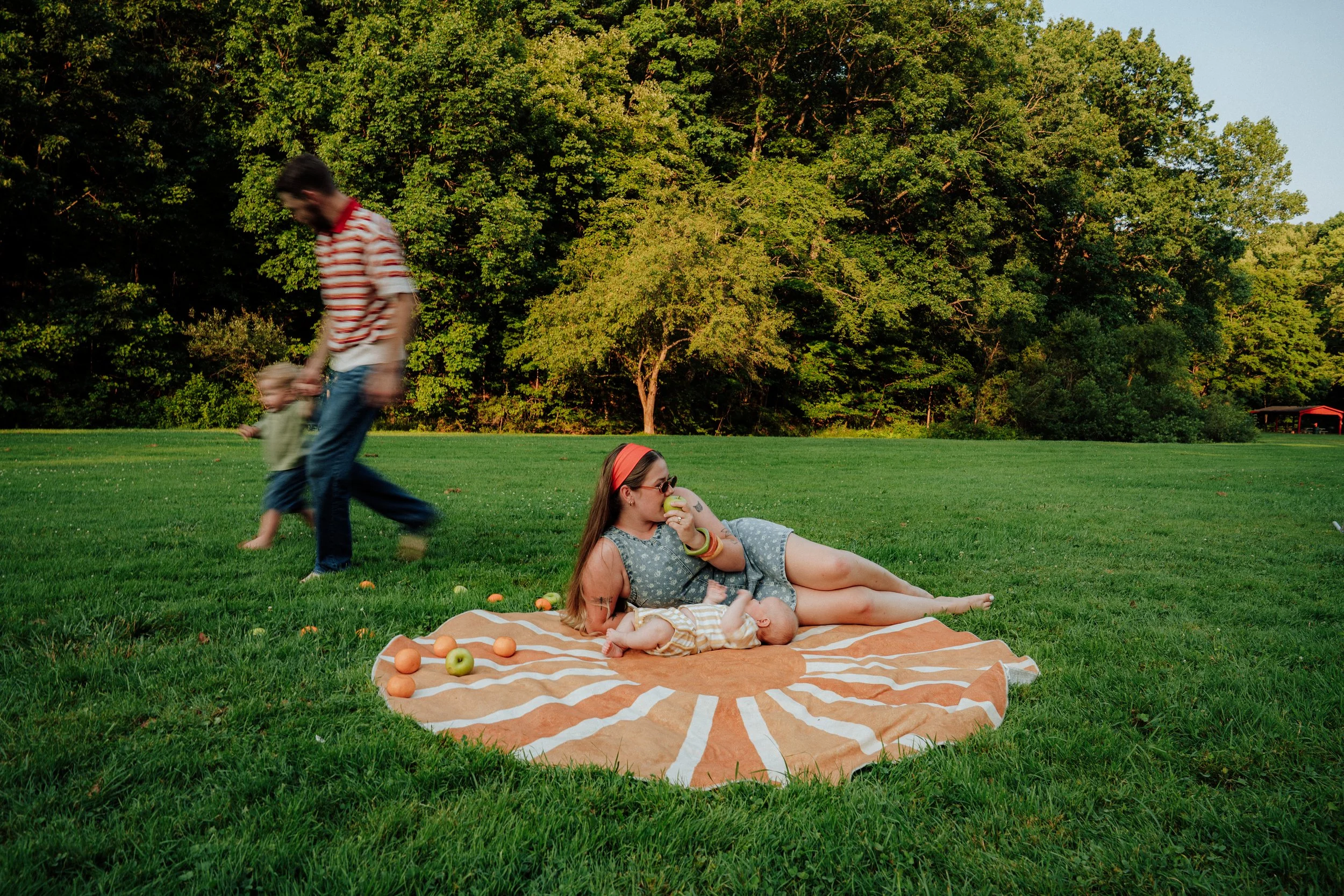 People picnicking on a large grassy field with scattered apples in the foreground, tall green trees in the background, and a person lying on a blanket eating an apple while a man and a young child walk nearby.