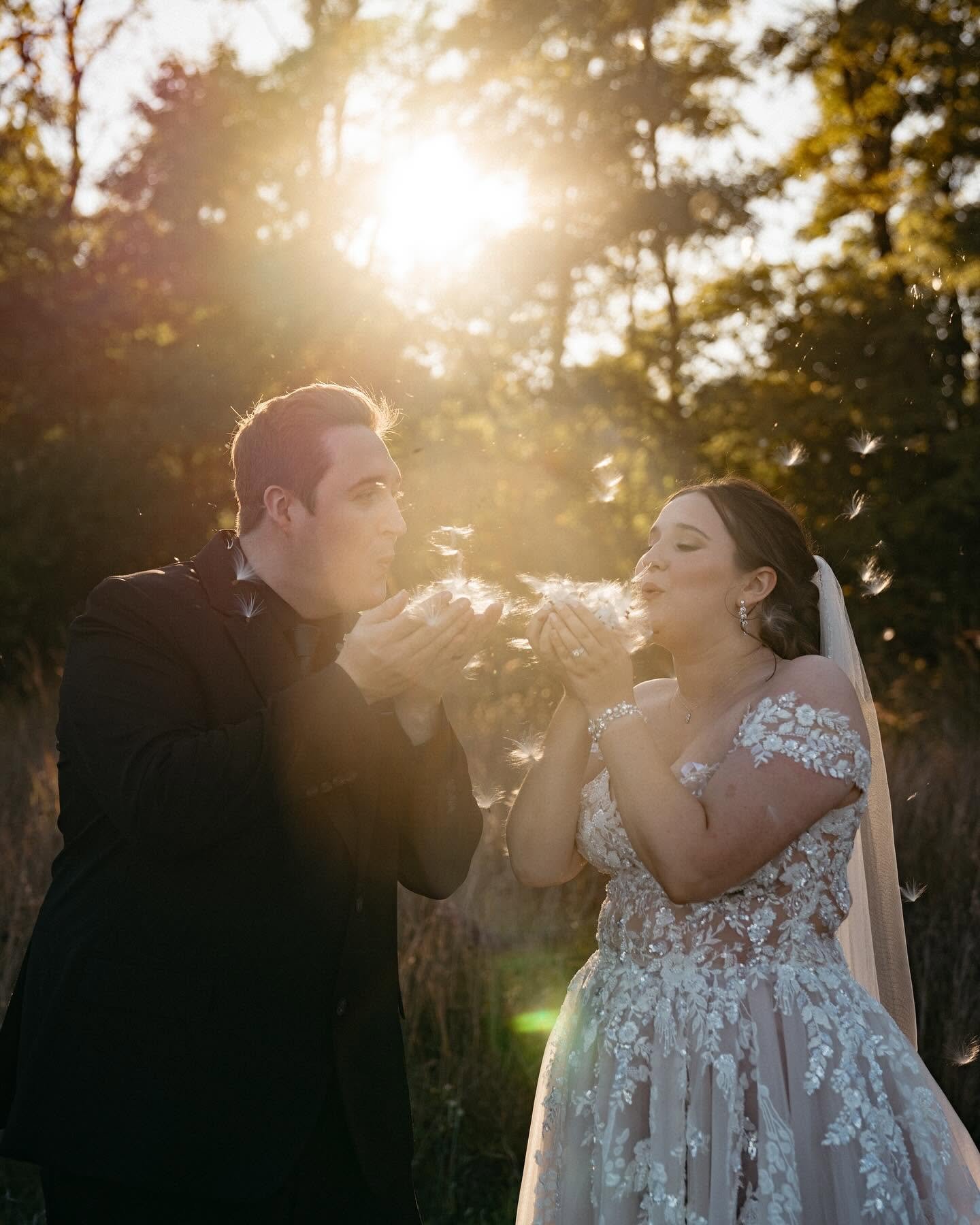 A bride and groom outdoors during sunset, blowing dandelion seeds towards each other.