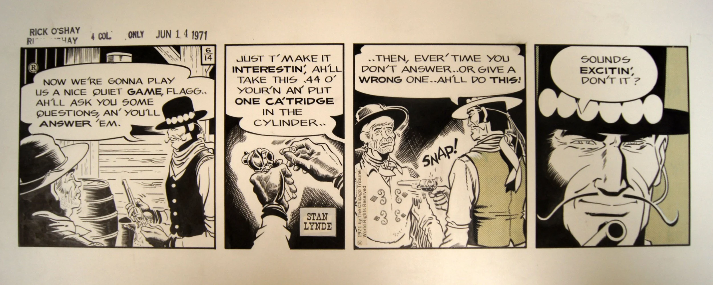 Stan Lynde (1931-2013) “untitled, Rick O’Shay Cartoon”, 1971, ink on paper, gift of Nelda Lee, 1999 (18 W x 7 1/2’’ H) 