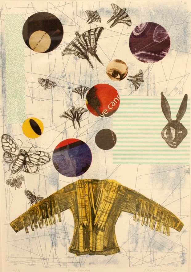 Jaune Quick-to-See- Smith (American 1940- 2025) “Eye Candy”, 2006, edition 6 of 15, collage, lithograph on paper, museum purchase, 2008 (28’’ H x 19 ½’’ W) 
