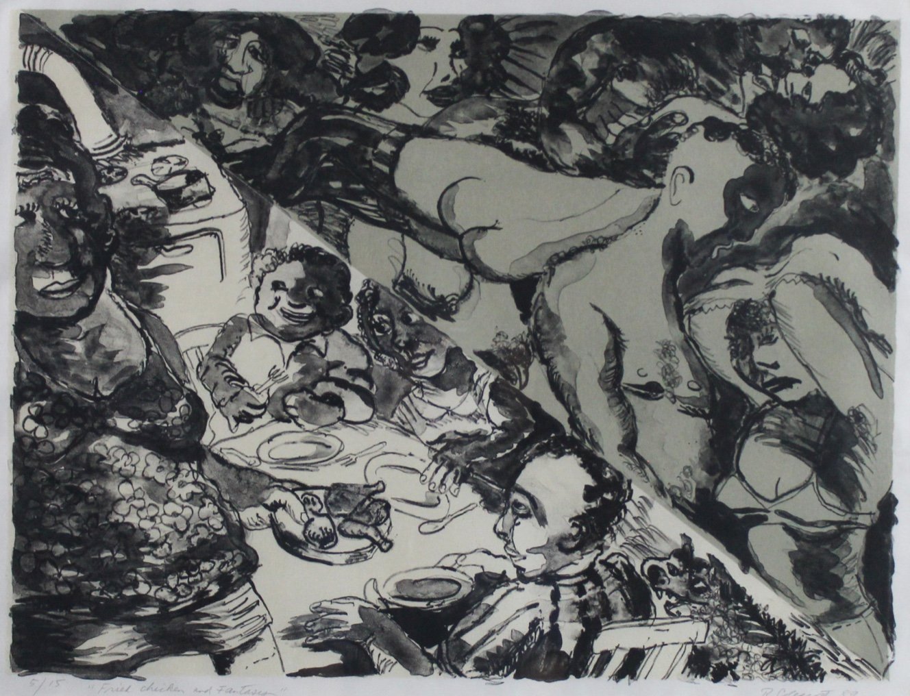 Robert Colescott (American 1925-2009) “Fried Chicken and Fantasy”, 1989, edition 5 of 15, lithograph on paper, gift of Dr and Mrs. Karichoff, 2009 (18 ½’’ H x 24 1/2 ‘’ W) 