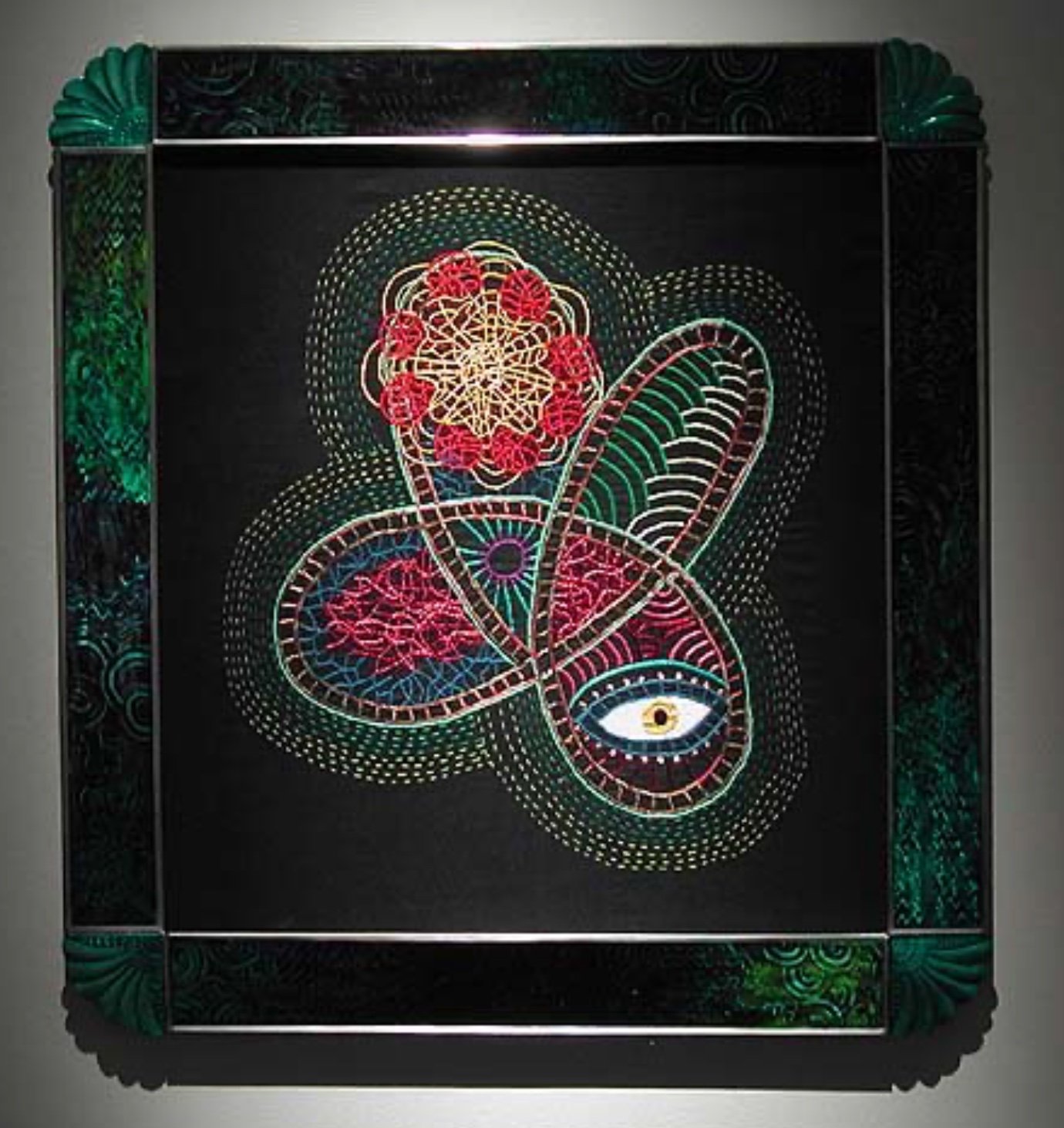 Susan Plum (American 1944) “Spiderweb Nebula Embroidery”, 2002, leaded glass, framework glass, paint, gift of Cathy and Michael Casteel, 2024 (31’’ H x 29’’ W) 