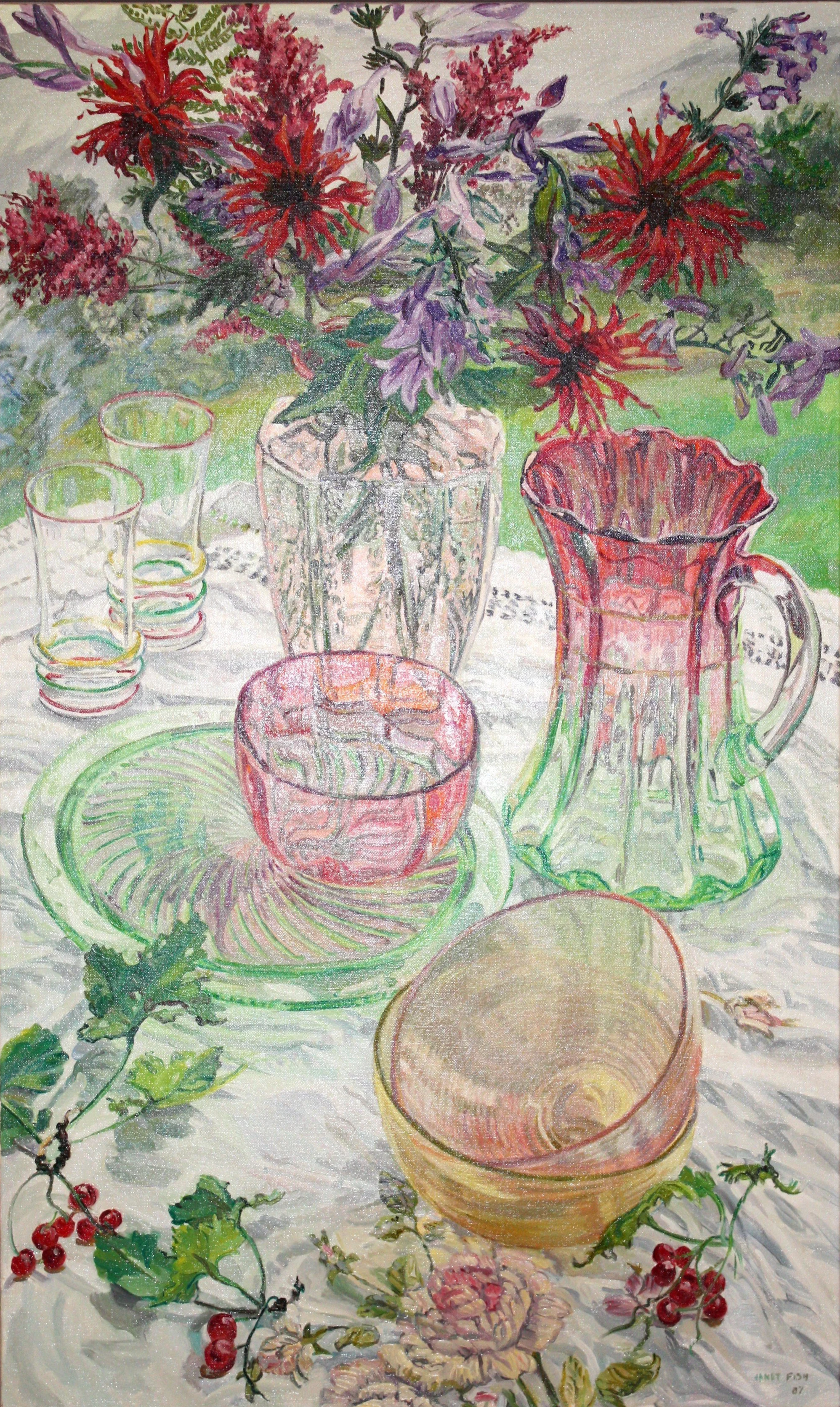 Janet Fish (American 1938-2025) “Red and Green Dishes Monarda”, 2007, oil on canvas, museum purchase in memory of Ellen Noël, 2009 (60’’ H x 36’’ W)