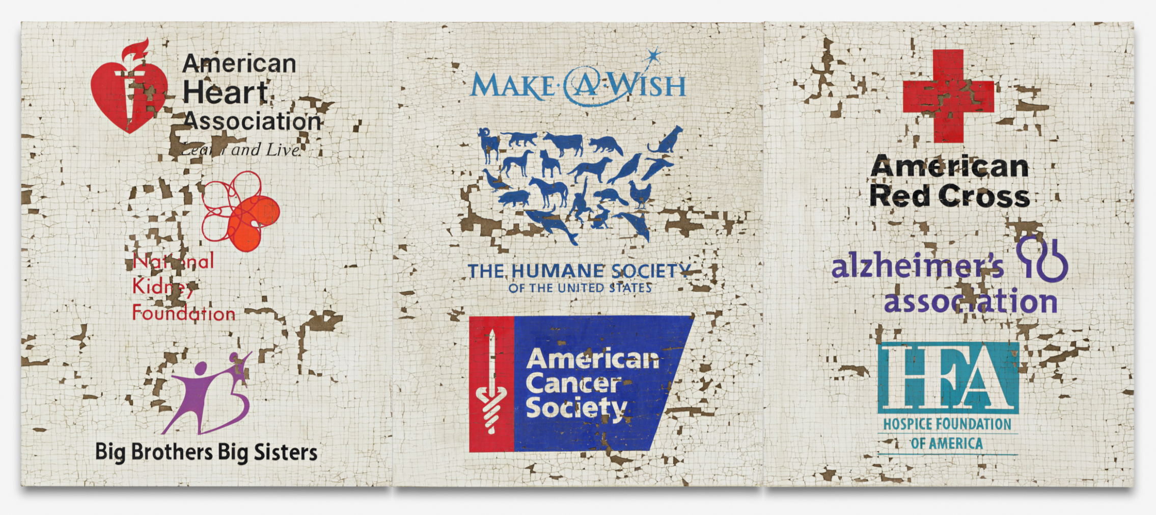 Mark Flood (American 1957) “Charity Triptych”, 2015, oil and acrylic on plaster on burlap, gift of Maurice Marciano, 2025 (60’’ H x 144’’ W) 