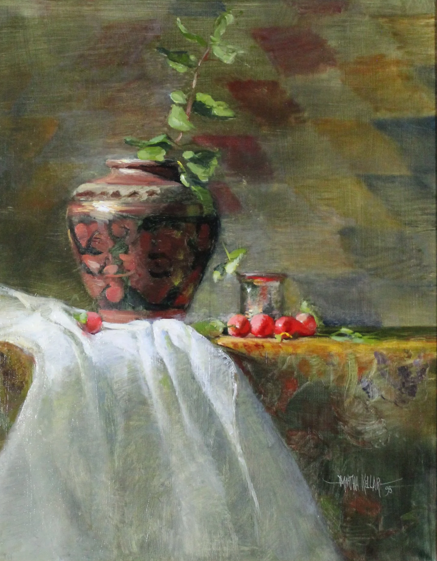 Martha Kellar (American 1949) “Red Plums”, 1995, oil on canvas, gift of Joanie Holt, 2009 (30’’ H x 24’’ W) 