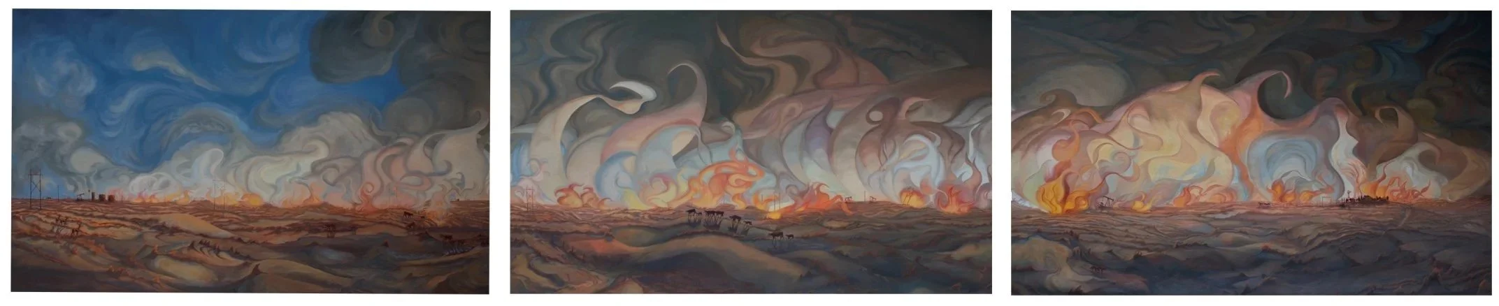 Alice Leese (American 1956) “Frying Pan Fire”, 2018-2019, oil on canvas, museum purchase with donations from Stephanie & John Latimer, Mark Knox, Lissa Noël Wagner, Liz & Bill Roberson, Trudy & Tryon Lewis, Edward Saldivar, Richard Silvalls and Ludie