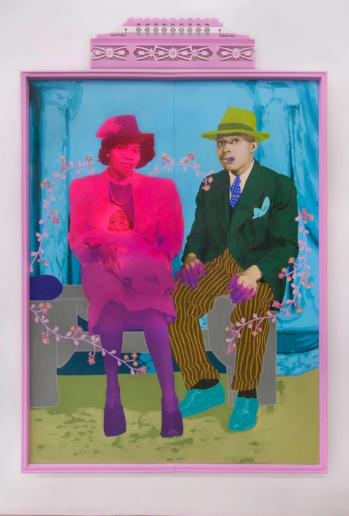 Daisy Patton (American 1982) "Untitled (Tony's Photo. Studio 1806 Point Breeze Ave. Phila. PA.)", 2023, oil on archival print mounted to panel with frame and antique wood salvage pediment, gift of the artist & Dr. Enrique Suárez, 2025 