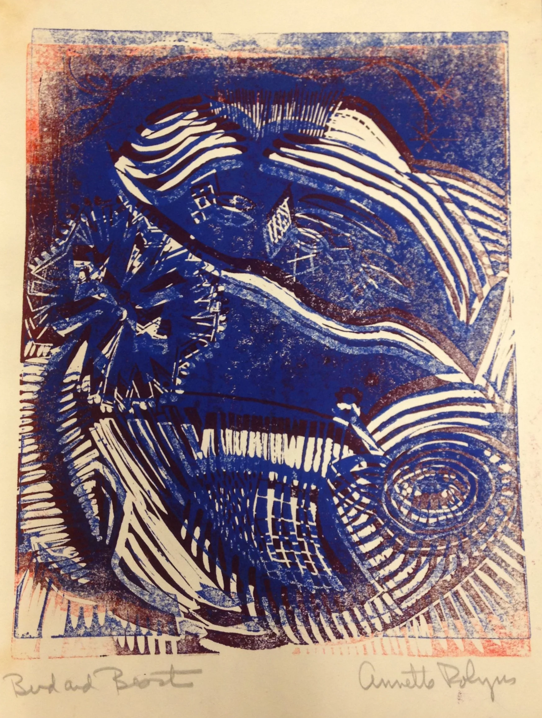 Annette Robyns (American 1914-1994) “Bird and Beast”, ca 1960, woodcut print on paper, gift of Mike and Linda Tilton, 2016 (11 ¾’’ H x 9’’ W) 