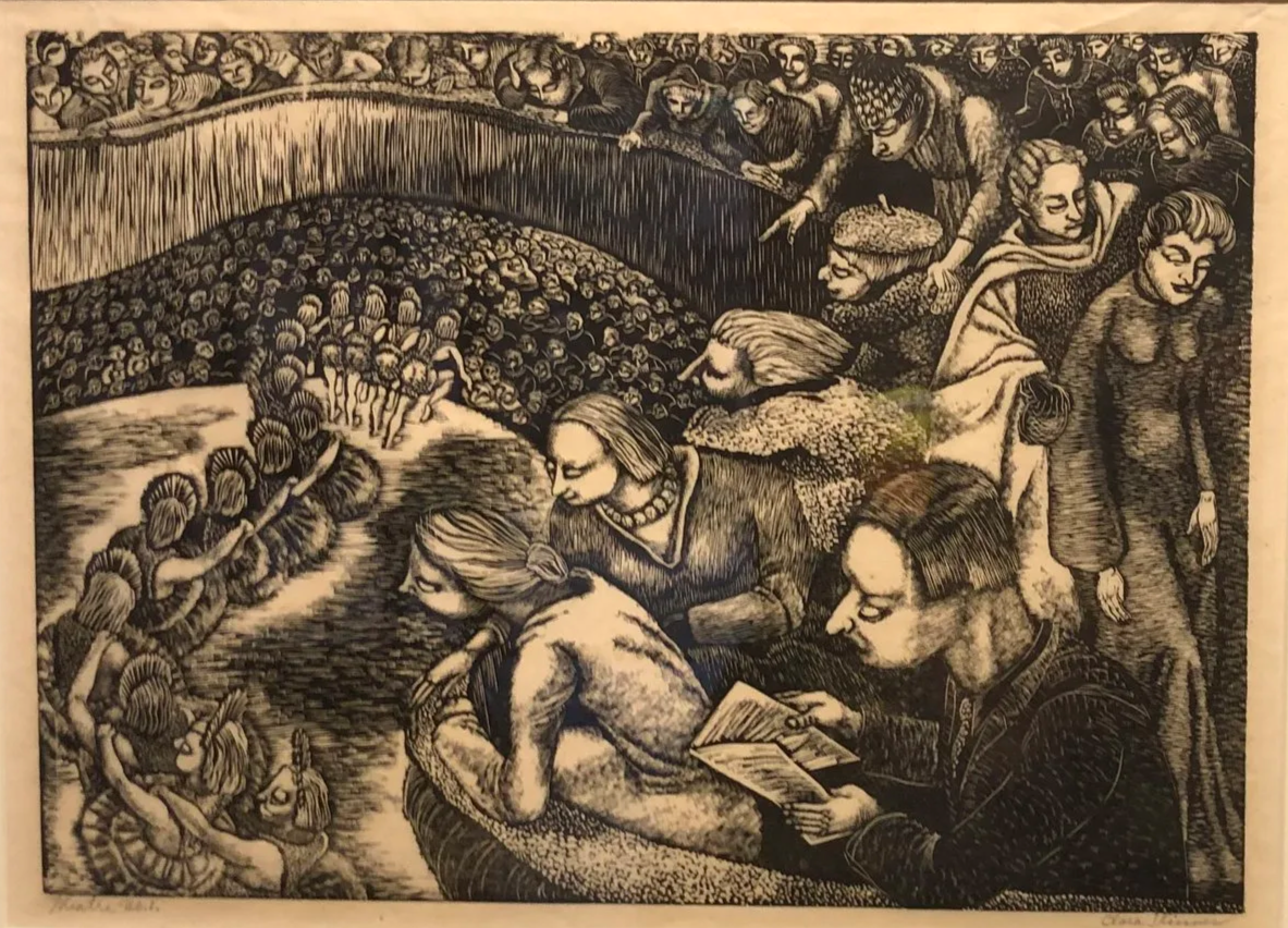 Clara Skinner (American, 1902-1976) “Theatre No. 1”, 1933-34, wood engraving on paper, edition of about 25, museum purchase, in memory of Letha Hooper, funds provided by Joe and Sharon Moya, 2021