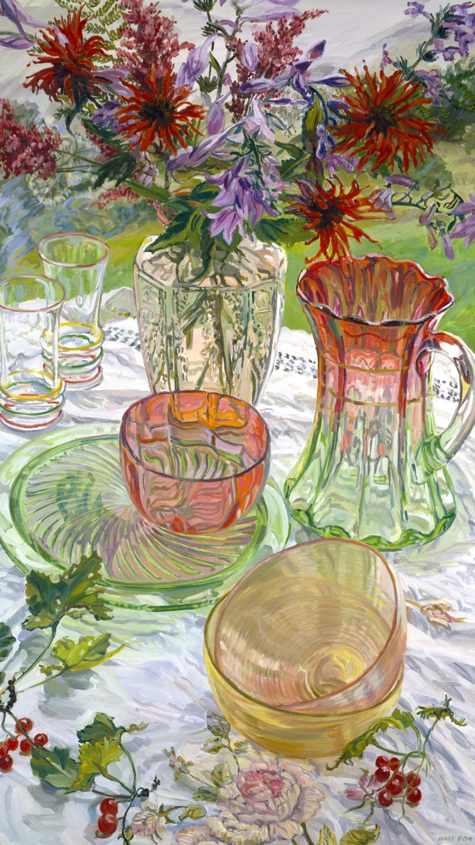 Janet Fish, Red and Green Dishes Monarda, 2007, oil on canvas.
Collection of Ellen Noël Art Museum (Museum purchase, in honor of Ellen Witwer Noël, 2009)