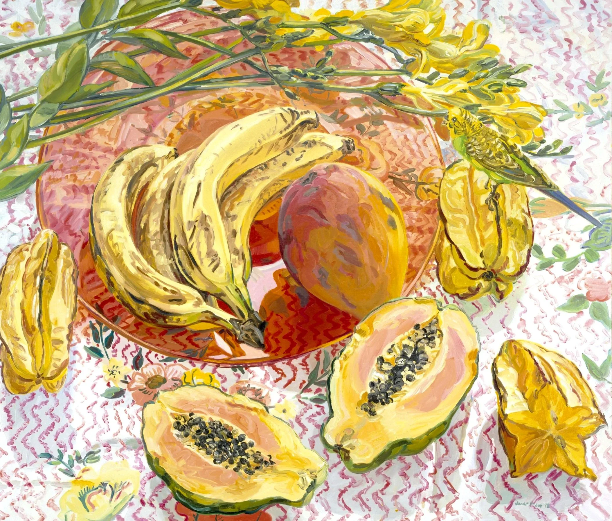 Janet Fish, Parakeet and Tropical Fruit, 1991/98, oil on canvas.
Collection of Masterworks Museum of Bermuda Art (Gift of Margot Perot and Family, 2025)