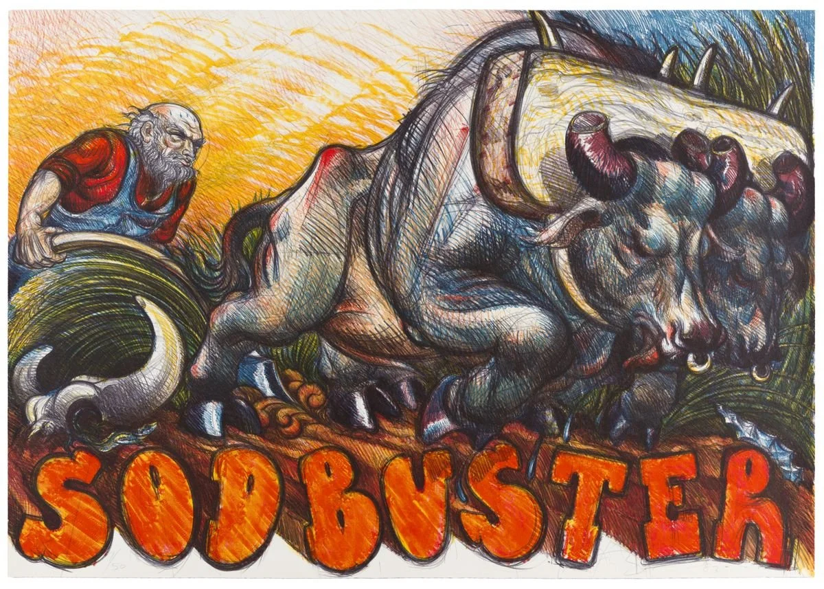 Luis Jiménez (American 1940-2006) “Sod Buster”, 1983, edition 7 of 10, lithograph on paper, museum purchase, 1999 (31 1/2’’ H x 45’’ W) 