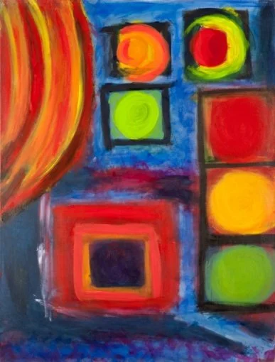 George Mendoza (American 1955) “Stop Light”, 2010, acrylic on canvas, gift of the artist, 2013 (48’’ H x 36’’W) 