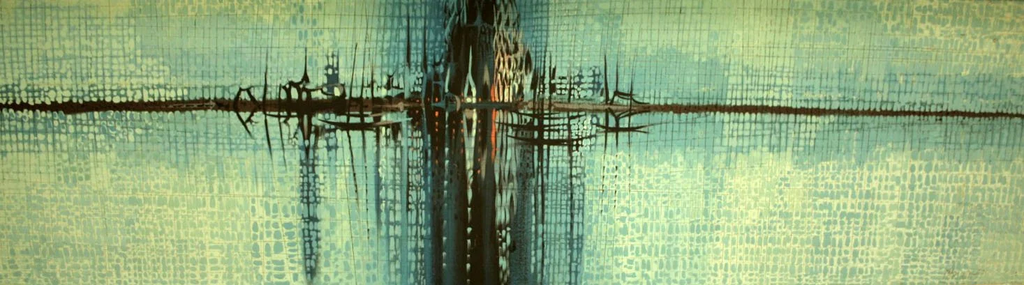 Paul Maxwell (American 1925-2015) “Island Cathedral” 1957, acrylic on canvas, gift of Sherwood McGuigan, 2000 (24’’ H x 96’’ W) 