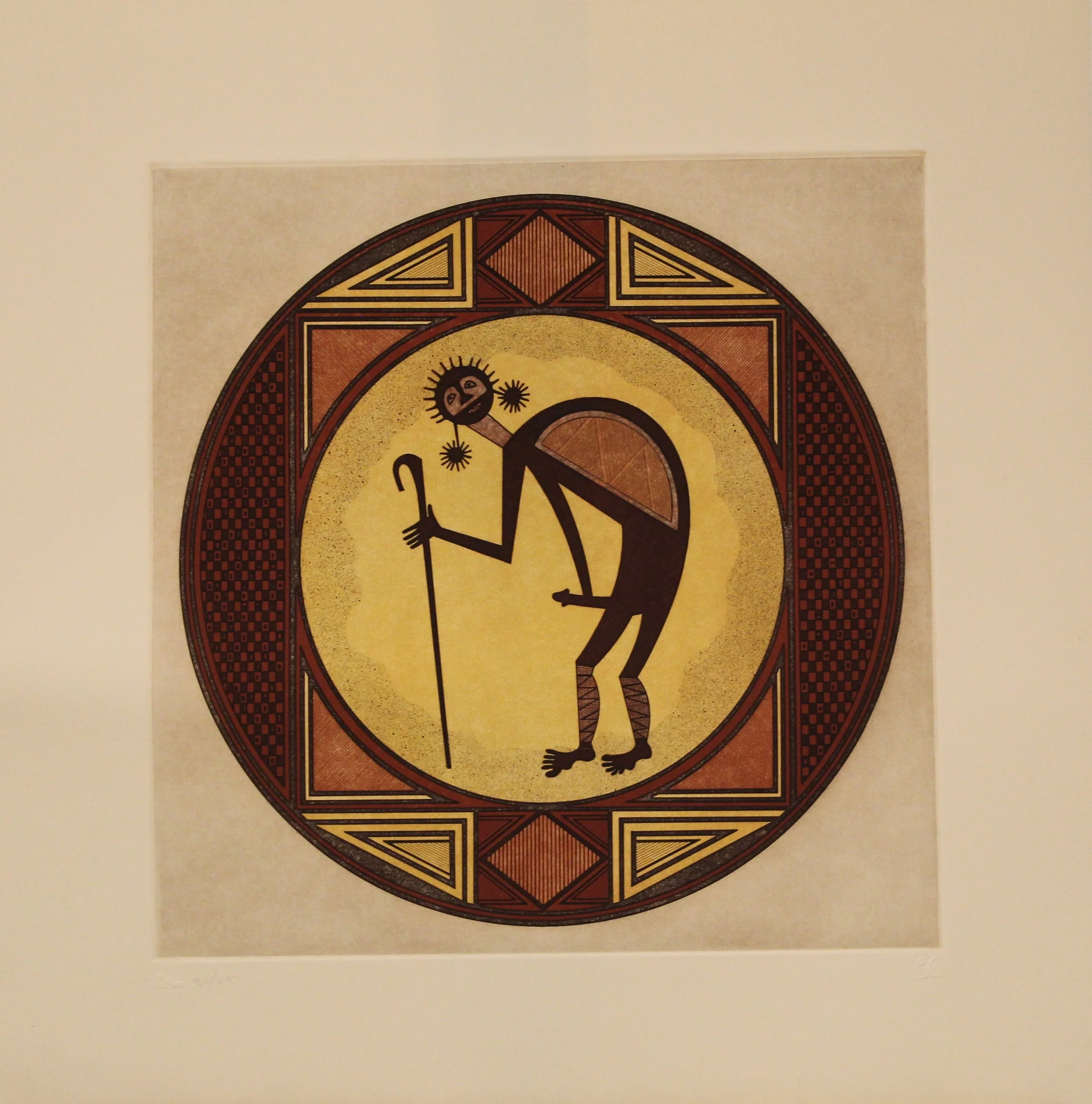 Helen Hardin (American 1943-1984) “Mimbres Kokopelli”, ca. 1980s, edition 50 of 65, aquatint etching on paper, gift of Dan McGuinness and Mi-Kyoung Song, 2018 (17’’ H x 16 ½’’ W) 