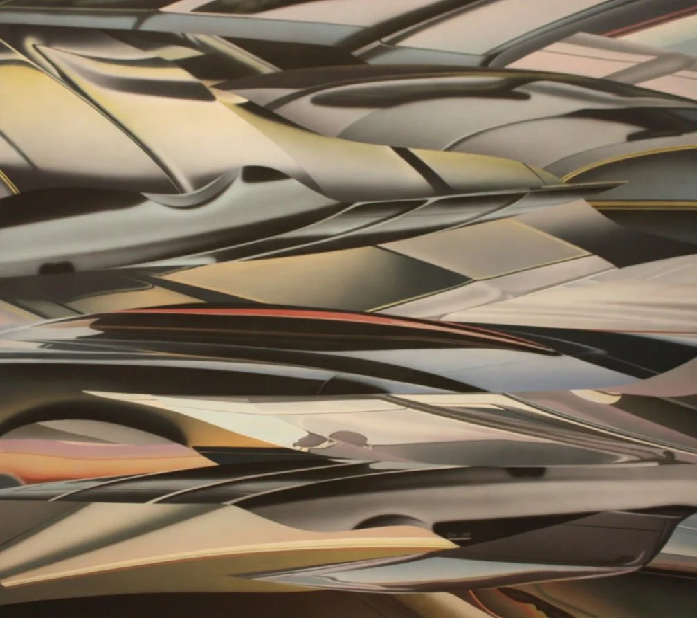 Ralph J. Cox (American 1944) “Black and Blue Reflections I”, 1981, acrylic on canvas, gift of Jeff Parker, 1998 (78’’ H x 84’’ W)