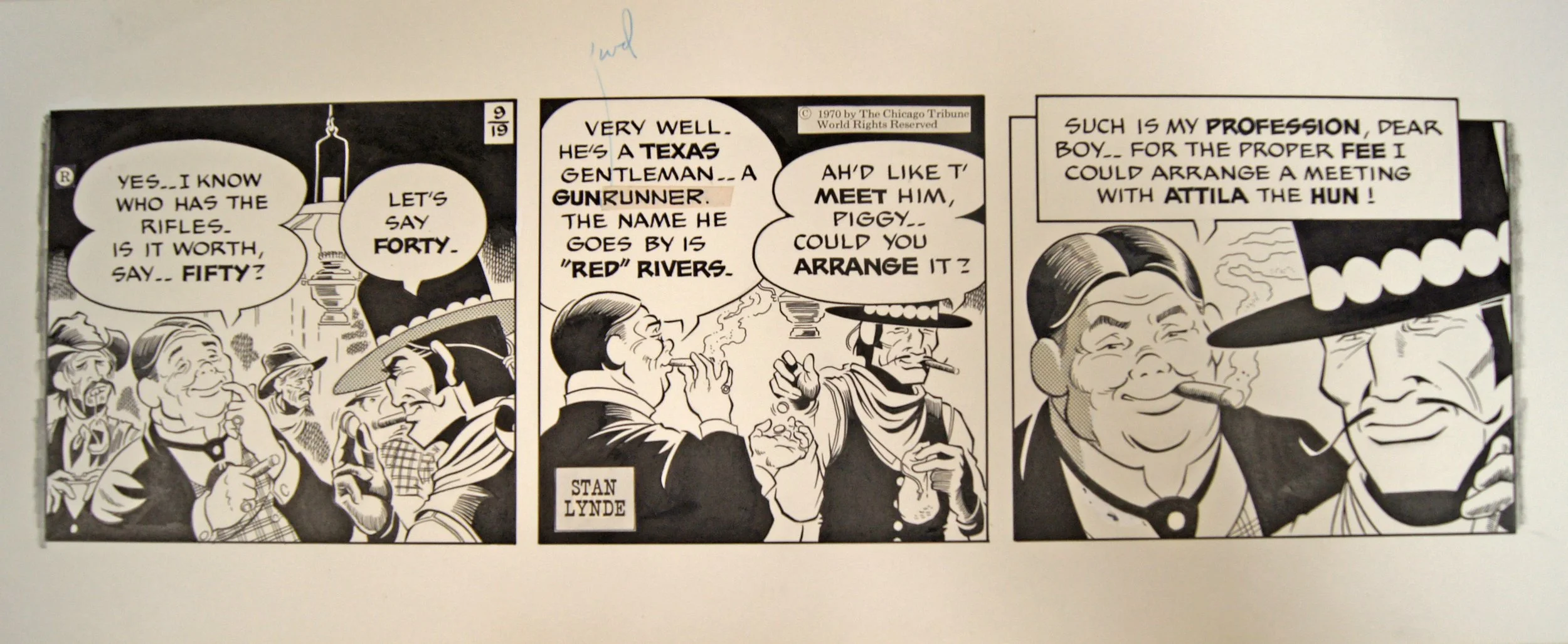 Stan Lynde (1931-2013) “untitled, Rick O’Shay Cartoon”, 1970, ink on paper, gift of Nelda Lee, 1999 (18 W x 7 1/4’’ H) 