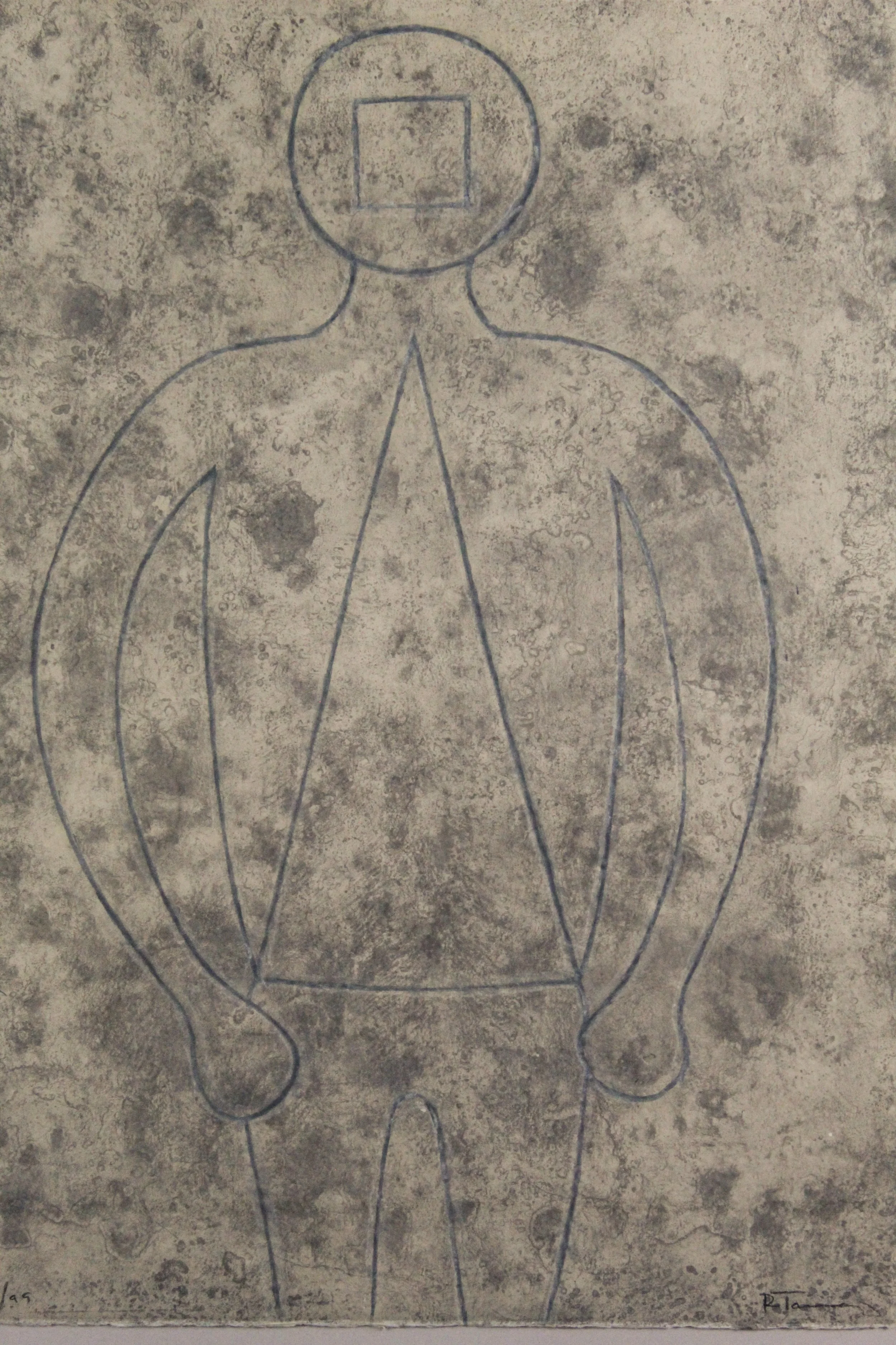 Rufino Tamayo (Mexican 1899-1991) “Figura de Hombre en Azul con Fondo Gris”, 1979, edition 68 of 99, etching on paper, gift of Jeff Parker, 1998 (29 ½’’ H x 22’’ W)