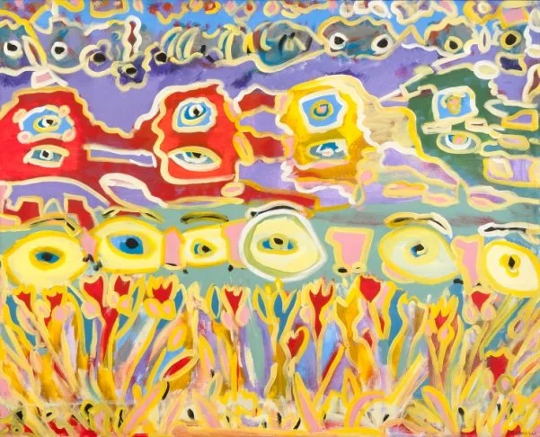 George Mendoza (American 1955) “Faraway Eyes”, 2004, acrylic on canvas, gift of the artist, 2013 (44’’ H x 55’’W) 