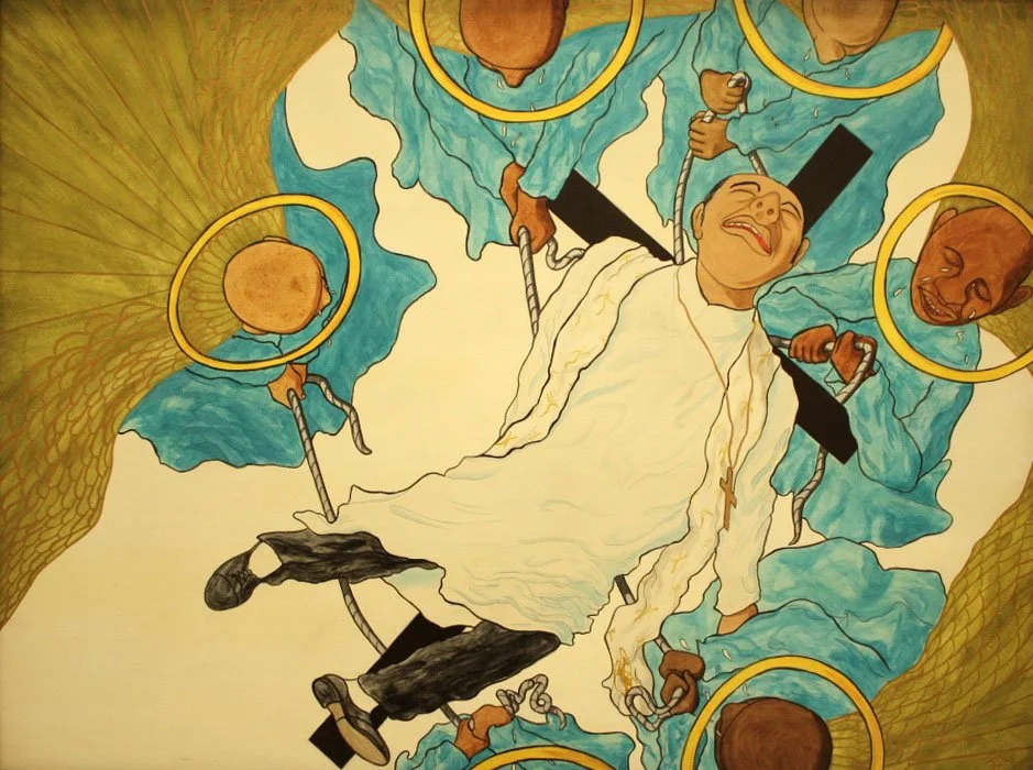 Frank Diaz Escalet (American 1930-2012) "Lagrimas de los Angeles para San Romero", 1997, acrylic on board, gift of Dr. Jose Lozano, 1999 (36’’ H x 48’’ W)