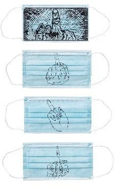 Ai Weiwei (Chinese 1957) “Mask: Mask Middle Finger” series, 2020, ink on polypropylene fabric, museum purchase, 2020 