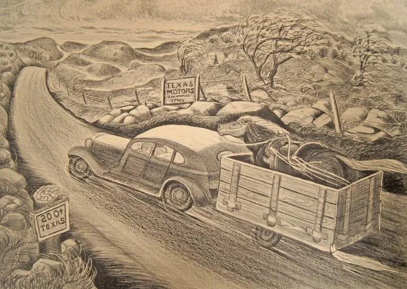 Merritt Mauzey (American 1897-1973) “Texas Highway” ca. 1947, edition of 20, lithograph on paper, gift of Betty M. Dean, 2008 (10 1/4 ‘’ H x 14 1/4’’ W) 