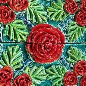 Diana Kersey (American 1971) “Red Rose Brick”, 2018, earthenware with underglaze and alkaline glaze, museum purchase, 2019 (16 1/2 ‘’ H x 15 ¼’’ W) 