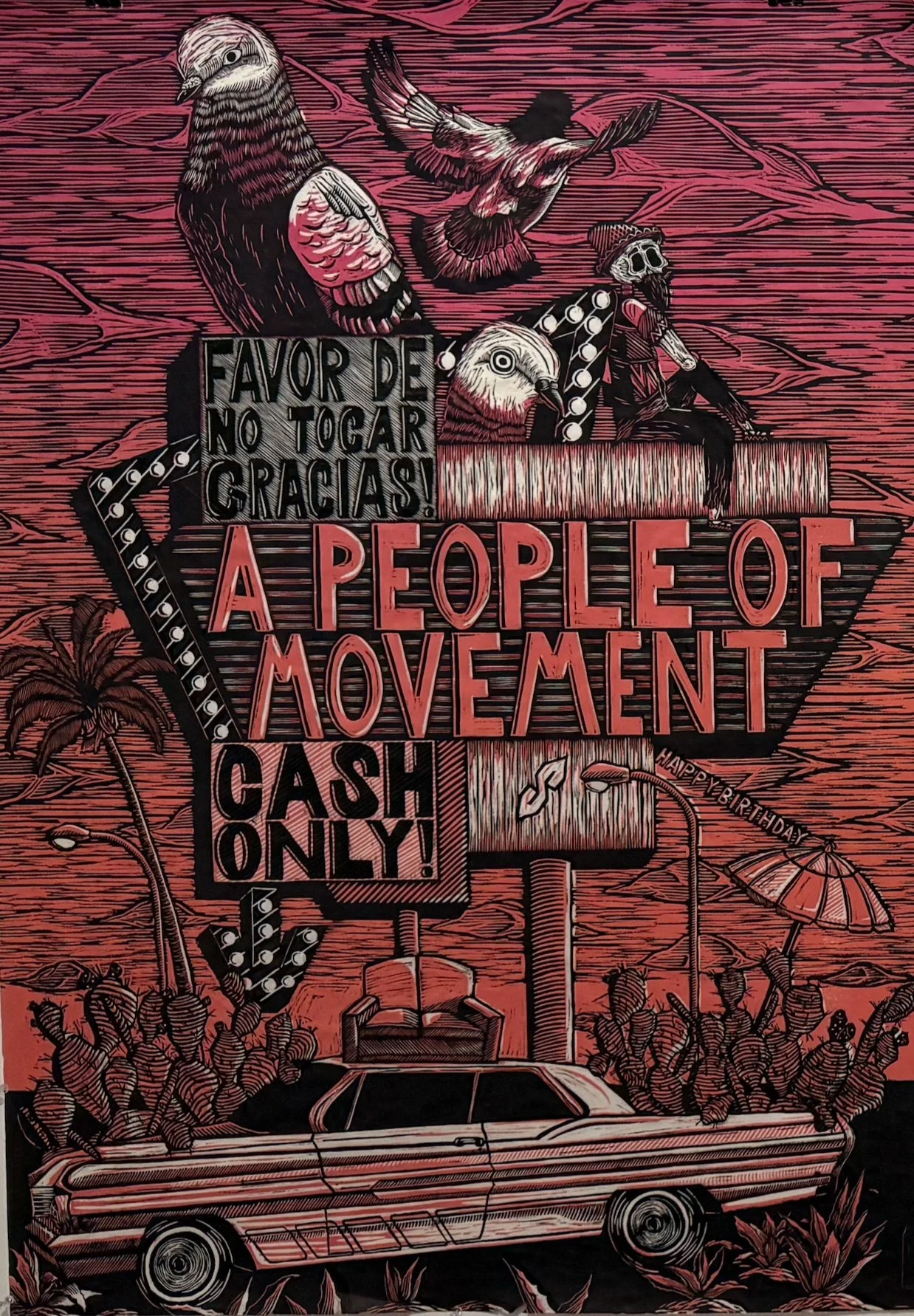 Benjamin Muñoz (American 1993)
"Vacated", 2024,
chiaroscuro woodcut on paper,
edition CTP (color test print),
gift of the artist, 2026, 
(53’’ H x 38 W’’)
