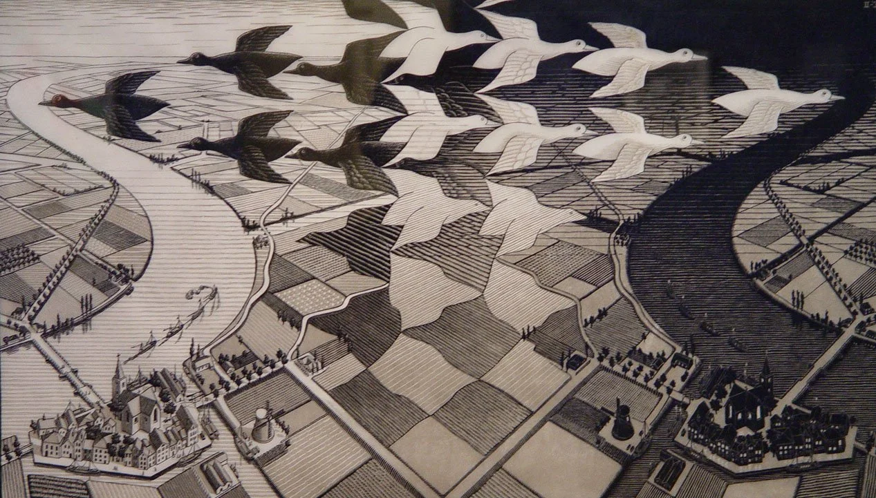 E.C. Escher (Dutch 1898-1972) “Day and Night”, 1938, edition number unknown, woodblock print on paper, gift of Jeff Parker, 1998 (16 ¼’’ H x 27 ¼’’ W) 