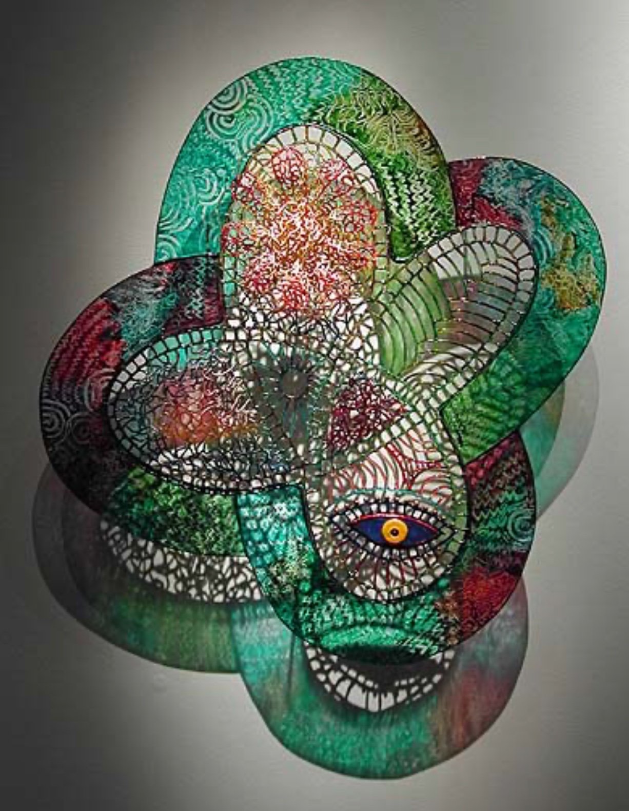 Susan Plum (American 1944) “Spiderweb Nebula”, 2002, leaded glass, framework glass, paint, gift of Cathy and Michael Casteel, 2024 (21 ½’’ H x 19’’ W x 2 ½’’ D) 