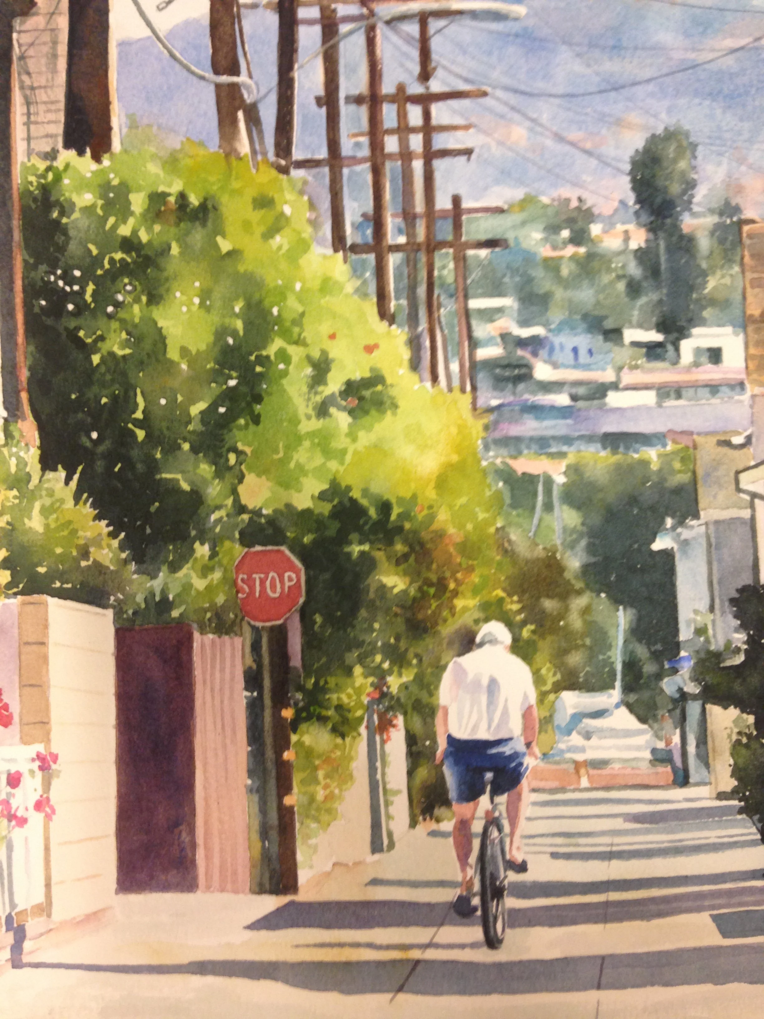 Hugo Lopez Bolivar (Colombian/American), "Cycling Early on Sunday”, watercolor on paper, gift of Mike and Linda Tilton, 2015 (14 1/2'' H x 10 1/2'' W)