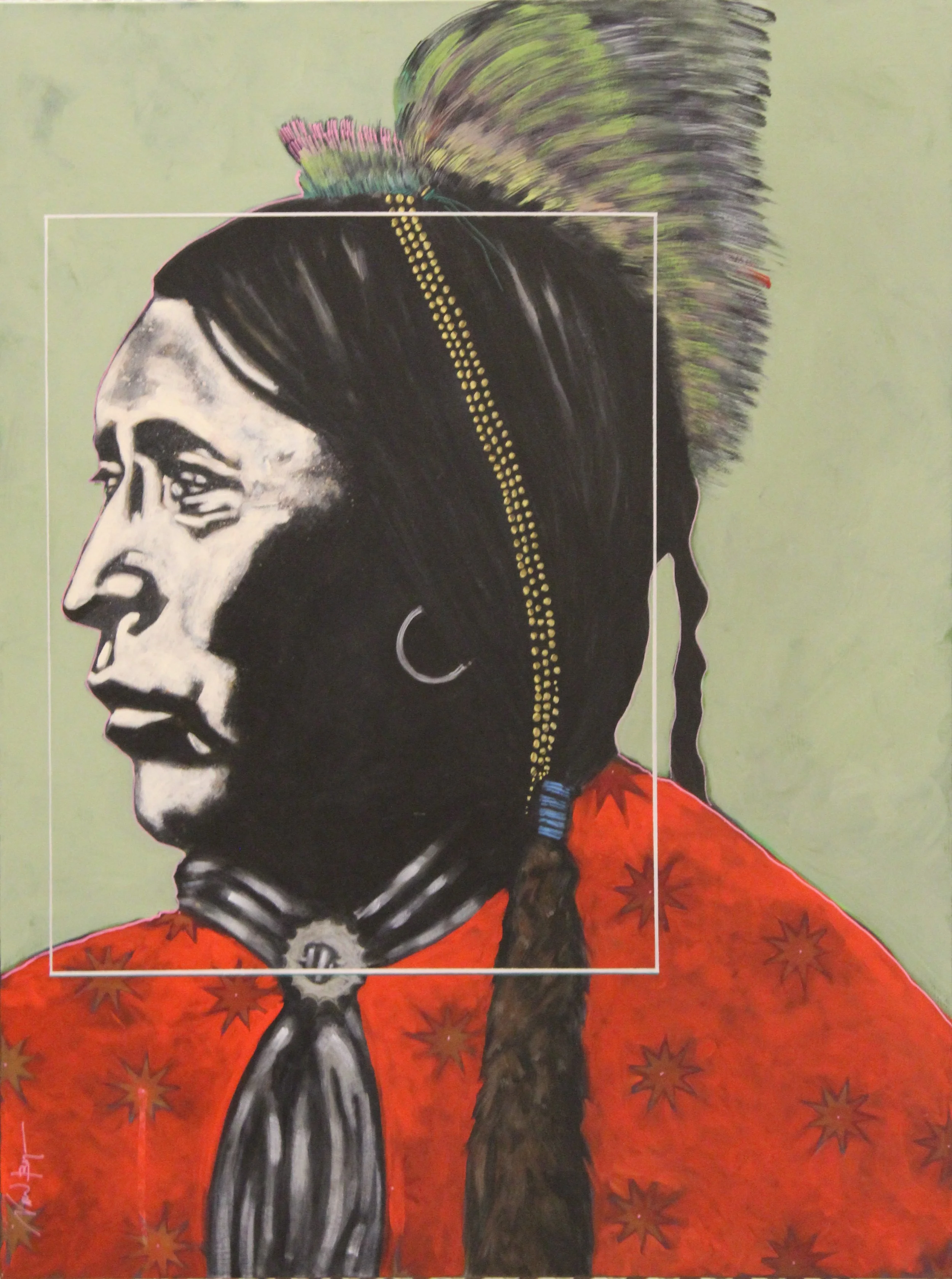 Nocona Burgess (American 1969), “Two Hatchet/ Green Roach, Kiowa”, 2013, acrylic on canvas, gift of Mike and Linda Tilton, 2018 (48'' H x 36'' W)